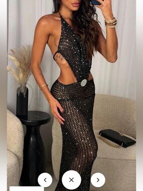 NWT Sister Party Halter V Neck Glitter Fishnet Cutout Party Maxi Dresses-Black